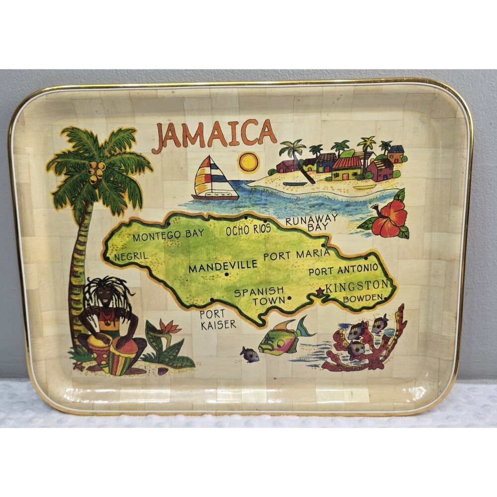 Vintage 1960's Bamboo  Serving Tray Jamaica Souvenir Map Rectangular Glossy Coat